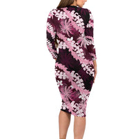 Puakenikeni Maile Lei Long Sleeve Bodycon Dress Frangipani Pink Tropical Leaves