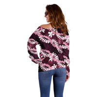 Puakenikeni Maile Lei Off Shoulder Sweater Frangipani Pink Tropical Leaves LT01 - Polynesian Pride