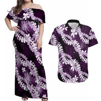 Puakenikeni Maile Lei Couples Matching Off Shoulder Maxi Dress and Hawaiian Shirt Frangipani Purple Tropical Leaves