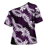 Puakenikeni Maile Lei Cross Shoulder Shirt Frangipani Purple Tropical Leaves