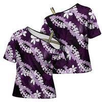 Puakenikeni Maile Lei Cross Shoulder Shirt Frangipani Purple Tropical Leaves