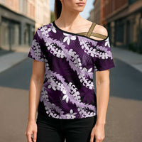 Puakenikeni Maile Lei Cross Shoulder Shirt Frangipani Purple Tropical Leaves