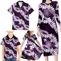 Puakenikeni Maile Lei Family Matching Long Sleeve Bodycon Dress and Hawaiian Shirt Frangipani Purple Tropical Leaves