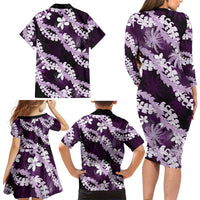 Puakenikeni Maile Lei Family Matching Long Sleeve Bodycon Dress and Hawaiian Shirt Frangipani Purple Tropical Leaves