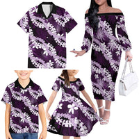 Puakenikeni Maile Lei Family Matching Off The Shoulder Long Sleeve Dress and Hawaiian Shirt Frangipani Purple Tropical Leaves