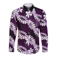Puakenikeni Maile Lei Long Sleeve Button Shirt Frangipani Purple Tropical Leaves