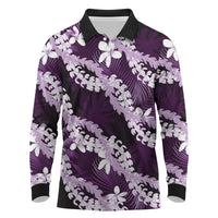 Puakenikeni Maile Lei Long Sleeve Polo Shirt Frangipani Purple Tropical Leaves