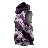 Puakenikeni Maile Lei Sleeveless Hoodie Frangipani Purple Tropical Leaves