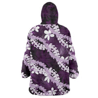 Puakenikeni Maile Lei Wearable Blanket Hoodie Frangipani Purple Tropical Leaves