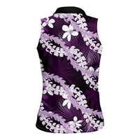 Puakenikeni Maile Lei Women Sleeveless Polo Shirt Frangipani Purple Tropical Leaves