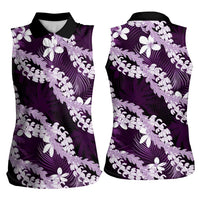 Puakenikeni Maile Lei Women Sleeveless Polo Shirt Frangipani Purple Tropical Leaves