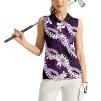 Puakenikeni Maile Lei Women Sleeveless Polo Shirt Frangipani Purple Tropical Leaves