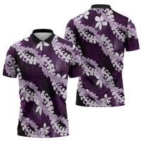 Puakenikeni Maile Lei Zipper Polo Shirt Frangipani Purple Tropical Leaves