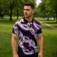 Puakenikeni Maile Lei Zipper Polo Shirt Frangipani Purple Tropical Leaves