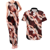 Puakenikeni Maile Lei Couples Matching Tank Maxi Dress and Hawaiian Shirt Frangipani Red Tropical Leaves