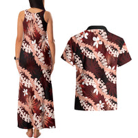 Puakenikeni Maile Lei Couples Matching Tank Maxi Dress and Hawaiian Shirt Frangipani Red Tropical Leaves