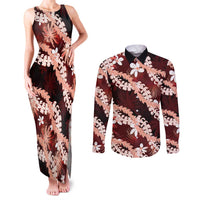 Puakenikeni Maile Lei Couples Matching Tank Maxi Dress and Long Sleeve Button Shirt Frangipani Red Tropical Leaves