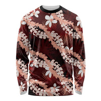 Puakenikeni Maile Lei Long Sleeve Shirt Frangipani Red Tropical Leaves LT01 Unisex Red - Polynesian Pride
