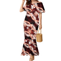 Puakenikeni Maile Lei Mermaid Dress Frangipani Red Tropical Leaves