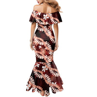 Puakenikeni Maile Lei Mermaid Dress Frangipani Red Tropical Leaves