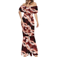 Puakenikeni Maile Lei Mermaid Dress Frangipani Red Tropical Leaves