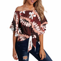 Puakenikeni Maile Lei Off Shoulder Wrap Waist Top Frangipani Red Tropical Leaves LT01 - Polynesian Pride