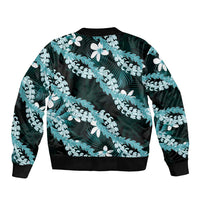 Puakenikeni Maile Lei Bomber Jacket Frangipani Turquoise Tropical Leaves