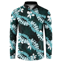 Puakenikeni Maile Lei Button Sweatshirt Frangipani Turquoise Tropical Leaves