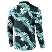 Puakenikeni Maile Lei Button Sweatshirt Frangipani Turquoise Tropical Leaves