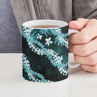 Puakenikeni Maile Lei Ceramic Mug Frangipani Turquoise Tropical Leaves