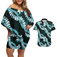 Puakenikeni Maile Lei Couples Matching Off Shoulder Short Dress and Hawaiian Shirt Frangipani Turquoise Tropical Leaves