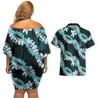 Puakenikeni Maile Lei Couples Matching Off Shoulder Short Dress and Hawaiian Shirt Frangipani Turquoise Tropical Leaves