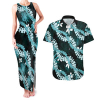Puakenikeni Maile Lei Couples Matching Tank Maxi Dress and Hawaiian Shirt Frangipani Turquoise Tropical Leaves