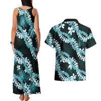 Puakenikeni Maile Lei Couples Matching Tank Maxi Dress and Hawaiian Shirt Frangipani Turquoise Tropical Leaves