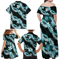 Puakenikeni Maile Lei Family Matching Off Shoulder Maxi Dress and Hawaiian Shirt Frangipani Turquoise Tropical Leaves