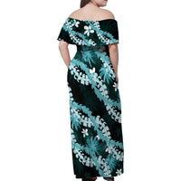 Puakenikeni Maile Lei Family Matching Off Shoulder Maxi Dress and Hawaiian Shirt Frangipani Turquoise Tropical Leaves