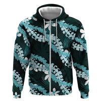 Puakenikeni Maile Lei Hoodie Frangipani Turquoise Tropical Leaves LT01 Zip Hoodie Turquoise - Polynesian Pride