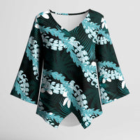 Puakenikeni Maile Lei Kimono Sleeve Blouse Frangipani Turquoise Tropical Leaves