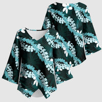 Puakenikeni Maile Lei Kimono Sleeve Blouse Frangipani Turquoise Tropical Leaves