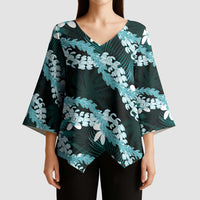 Puakenikeni Maile Lei Kimono Sleeve Blouse Frangipani Turquoise Tropical Leaves