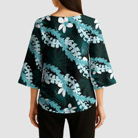 Puakenikeni Maile Lei Kimono Sleeve Blouse Frangipani Turquoise Tropical Leaves