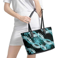 Puakenikeni Maile Lei Leather Tote Bag Frangipani Turquoise Tropical Leaves LT01 - Polynesian Pride