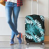 Puakenikeni Maile Lei Luggage Cover Frangipani Turquoise Tropical Leaves