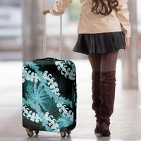 Puakenikeni Maile Lei Luggage Cover Frangipani Turquoise Tropical Leaves