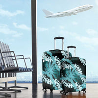 Puakenikeni Maile Lei Luggage Cover Frangipani Turquoise Tropical Leaves