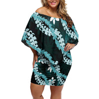 Puakenikeni Maile Lei Off Shoulder Short Dress Frangipani Turquoise Tropical Leaves LT01 Women Turquoise - Polynesian Pride