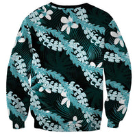Puakenikeni Maile Lei Sweatshirt Frangipani Turquoise Tropical Leaves