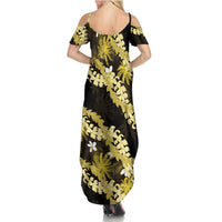 Puakenikeni Maile Lei Family Matching Summer Maxi Dress and Hawaiian Shirt Frangipani Yellow Tropical Leaves