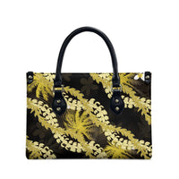 Puakenikeni Maile Lei Leather Bag Frangipani Yellow Tropical Leaves