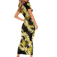 Puakenikeni Maile Lei Short Sleeve Bodycon Dress Frangipani Yellow Tropical Leaves